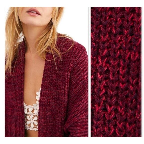 Free People High Hopes Burgundy Marled Drop Shoulder Open Cardigan Size Small - Picture 2 of 9